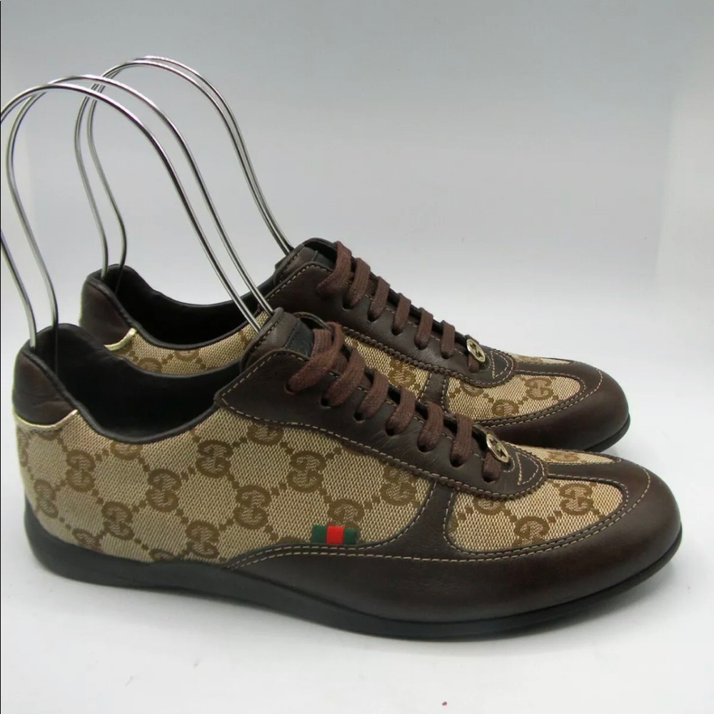 Gucci 164183 GG Brown Monogram Gold Logo Sneaker Size 35.5 US 5.5